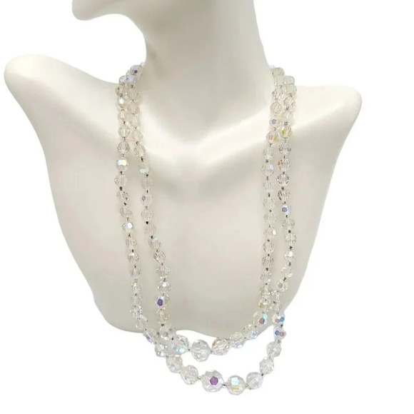Clear Glass Aurora Borealis Crystal Dual Strand Rhinestone Clasp Necklace 17.5" - Picture 1 of 4